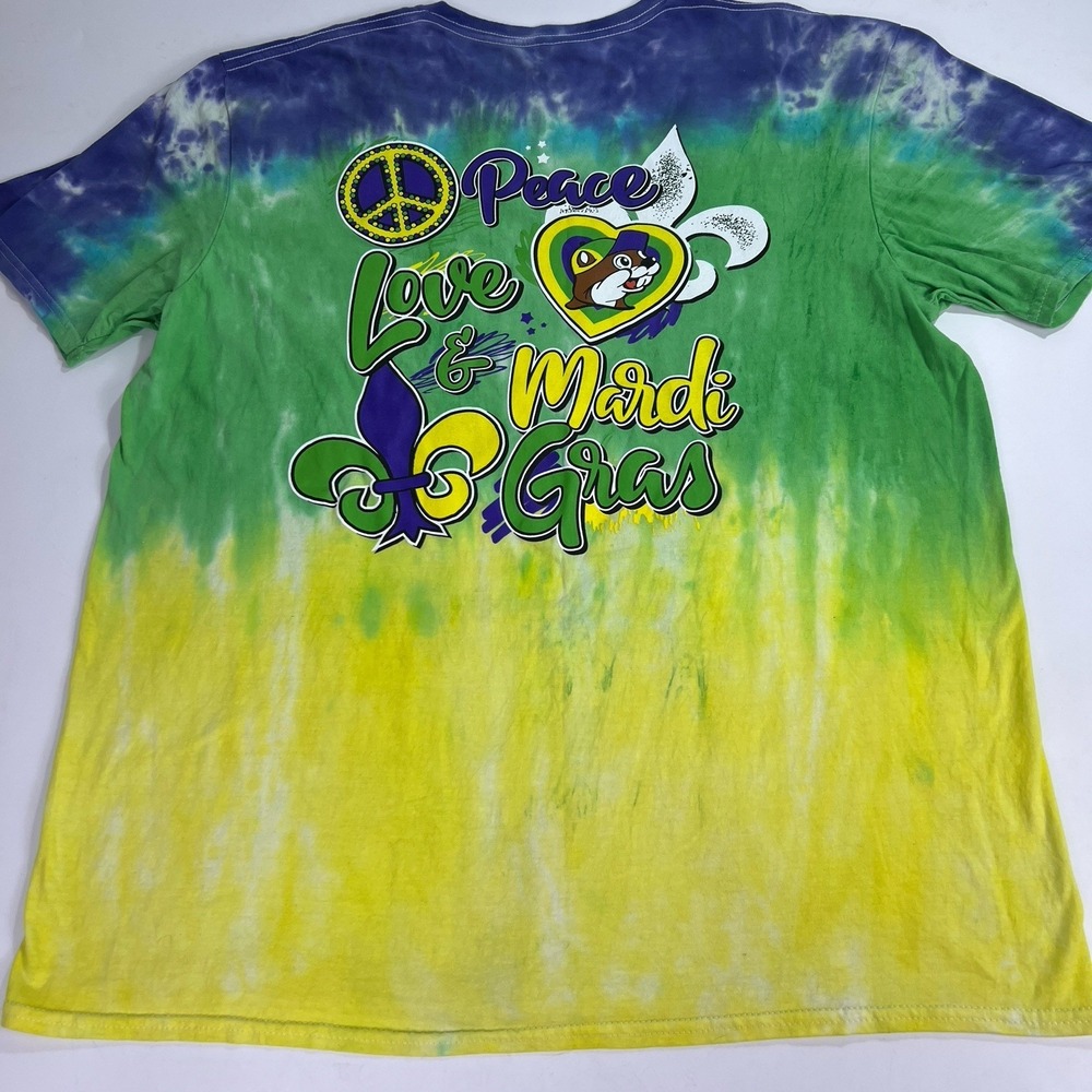 Buc-ee's Peace Love Mardi Gras T Shirt XL Tie Dye Blue Green Yellow New Orleans - Picture 5 of 12